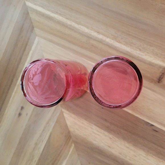 Vintage Cranberry Red Water Lily Marsh Cattail etched glass drinking tumblers x2 - Picture 4 of 7